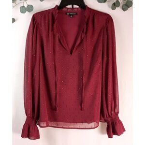 INC Milan Kiss Ruffled Cuff Blouse Bordeaux Size M Long Sleeve Excellent